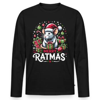 Rat de Noël : friandise « Merry Ratmas » - T-shirt manches longues Premium bio Homme - noir - Devant - Nico (187cm)