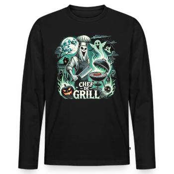 T-Shirt Chef Fantôme au Grill – Chef de Grill - T-shirt manches longues Premium bio Homme - noir - Devant - Nico (187cm)