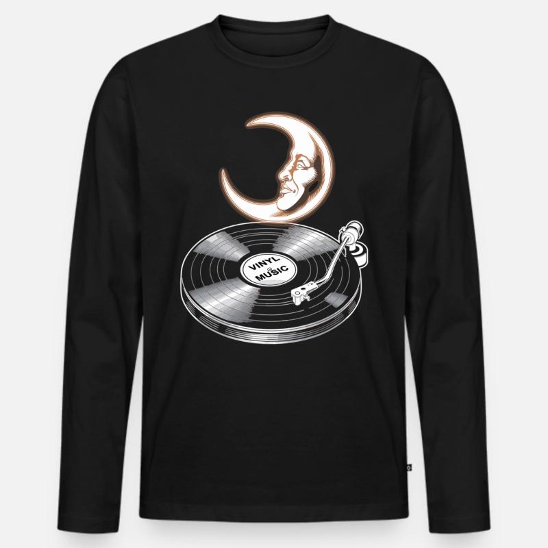Vinyl Musik mit Mond - Männer Premium Bio Langarmshirt - Schwarz