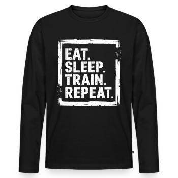 Eat Sleep Train Repeat – Motivations für Sportler - Männer Premium Bio Langarmshirt - Schwarz - Vorne - Nico (187cm)
