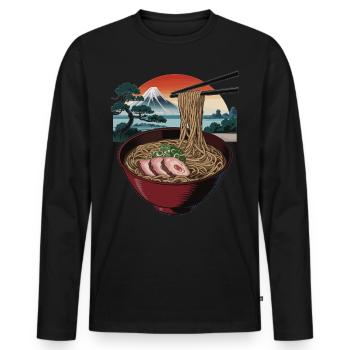 Ramen noodle soup in front of Mount Fuji - Men's Premium Organic Long Sleeve Shirt - black - Front - Nico (187cm)