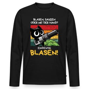 Blasen? Eindeutig! – Lustige Katze mit Laubbläser - Männer Premium Bio Langarmshirt - Schwarz - Vorne - Nico (187cm)