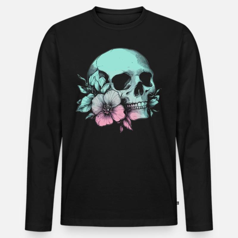 Pastell-Schädel mit Blume & Stil - Männer Premium Bio Langarmshirt - Schwarz