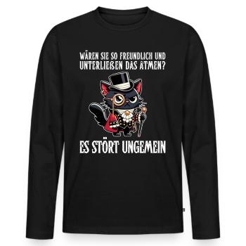 Her breathing is disturbing – Cynical cat in a noble look - Men's Premium Organic Long Sleeve Shirt - black - Front - Nico (187cm)