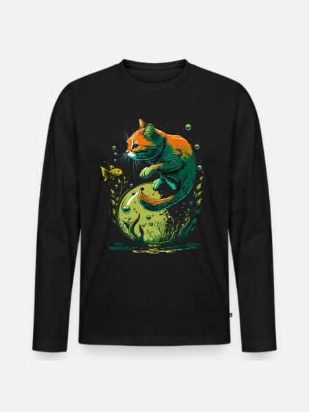 Fantasy Katze spielt mit Goldfischen - Männer Premium Bio Langarmshirt - Schwarz