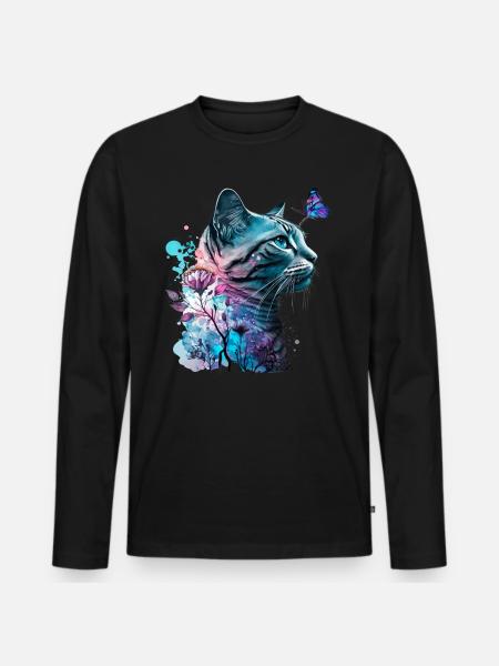 Fleur de chat et papillon - T-shirt manches longues Premium bio Homme - noir