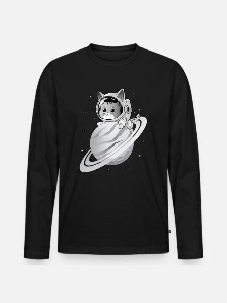 Space Cat with Planet - Men's Premium Organic Long Sleeve Shirt - black