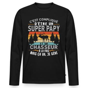 Papy Chasseur Grand Père Papou Chasse Humour - T-shirt manches longues Premium bio Homme - noir - Devant - Nico (187cm)