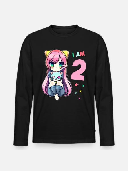2 ans fille anime kawaii chat 2ème anniversaire - T-shirt manches longues Premium bio Homme - noir