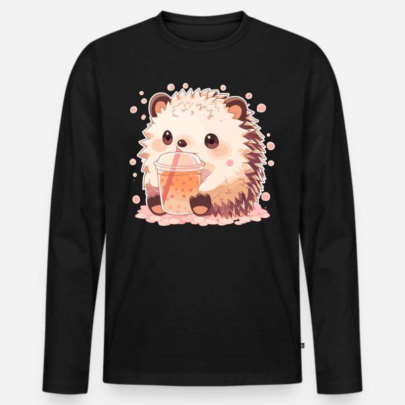 Kawaii Hedgehog Drinks Boba Bubble Tea Chibi - Men's Premium Organic Long Sleeve Shirt - black