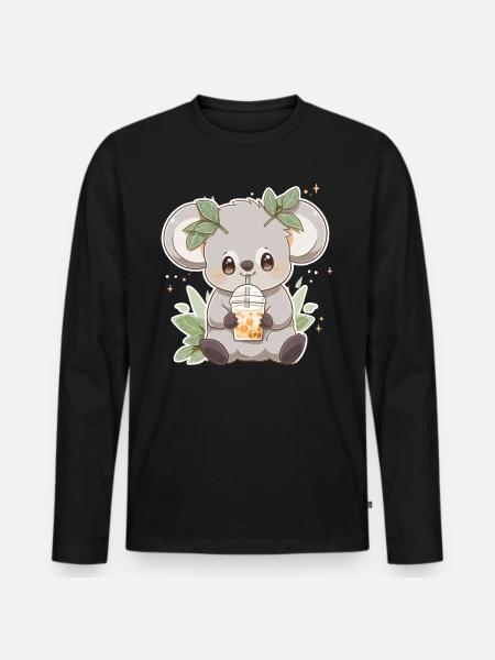 Kawaii Koala Drankjes Boba Bubble Tea Chibi - Mannen Premium Bio shirt met lange mouwen - zwart