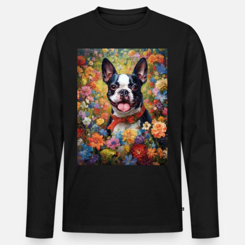 Boston Terrier unter Blumen als Malerei Kunst - Männer Premium Bio Langarmshirt - Schwarz