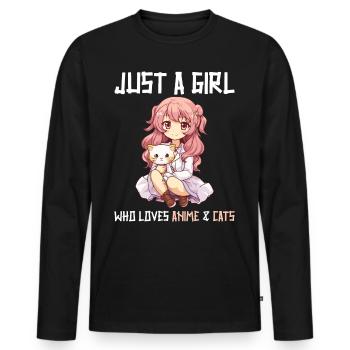 Kawaii Girl Anime Manga Fille et chat - T-shirt manches longues Premium bio Homme - noir - Devant - Nico (187cm)