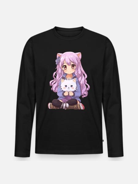 Kawaii Girl Anime Manga Fille et chat - T-shirt manches longues Premium bio Homme - noir
