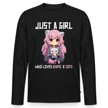 Kawaii Girl Anime Manga Fille et chat - T-shirt manches longues Premium bio Homme - noir - Devant - Nico (187cm)