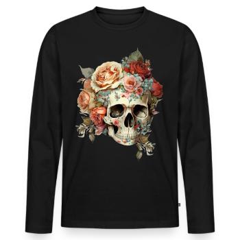 Crâne avec des fleurs - T-shirt manches longues Premium bio Homme - noir - Devant - Nico (187cm)