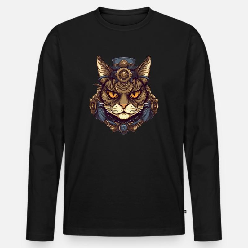 Steampunk Katze Katzenkopf - Männer Premium Bio Langarmshirt - Schwarz