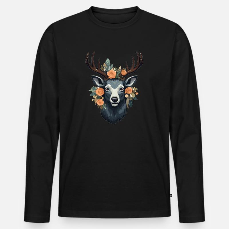 Hirsch Blumen - Männer Premium Bio Langarmshirt - Schwarz