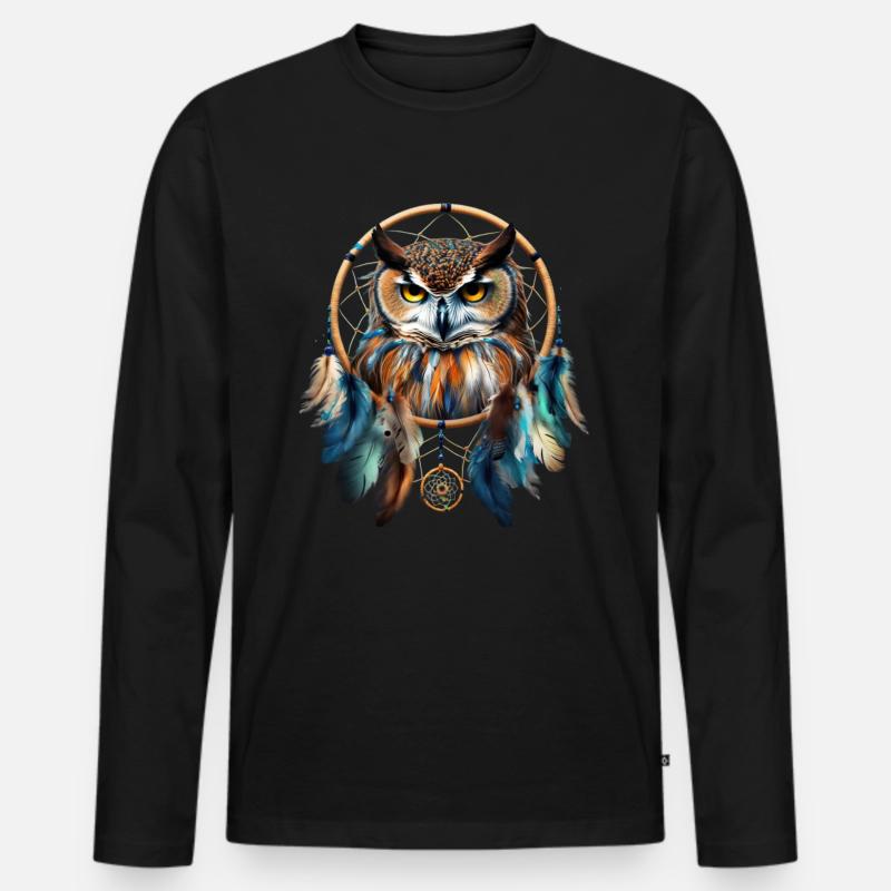 Eule Traumfänger Vogel Federn - Männer Premium Bio Langarmshirt - Schwarz
