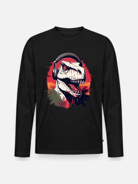 Dinosaurier mit Kopfhörer - Männer Premium Bio Langarmshirt - Schwarz