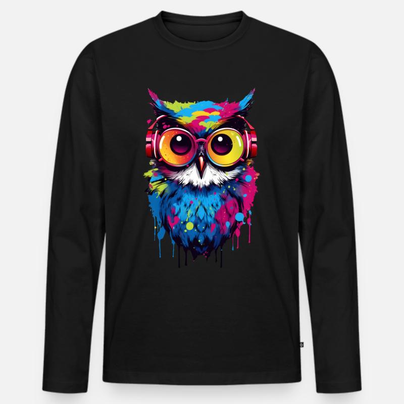 Bunte Eule mit Kopfhörer - Männer Premium Bio Langarmshirt - Schwarz
