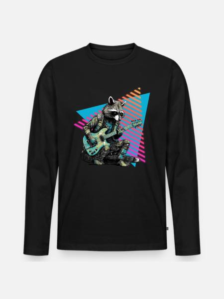 Raccoon with guitar 80s style - Men's Premium Organic Long Sleeve Shirt - black
