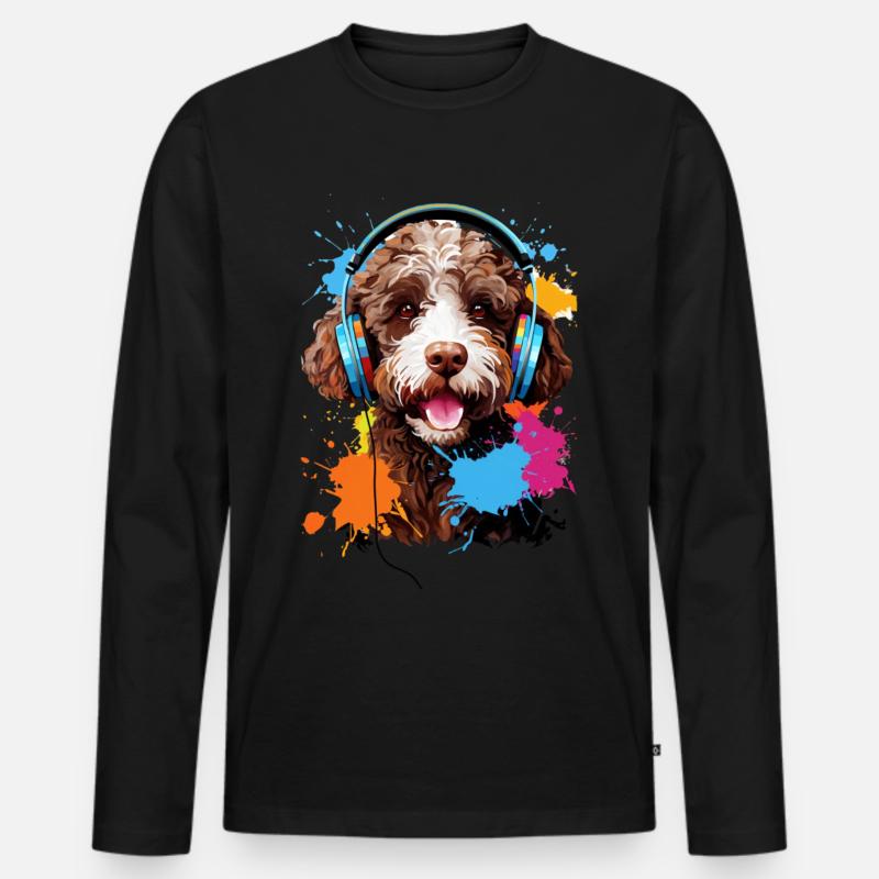Lagotto Romagnolo mit Kopfhörer - Männer Premium Bio Langarmshirt - Schwarz