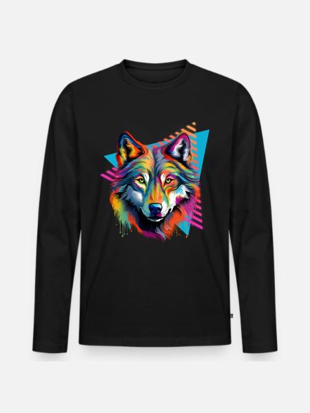 Bunter Wolf Farbspritzer Farbkleckse - Männer Premium Bio Langarmshirt - Schwarz