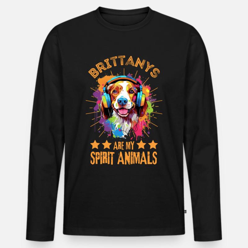 Bunter Brittany Hund mit Kopfhörer - Männer Premium Bio Langarmshirt - Schwarz