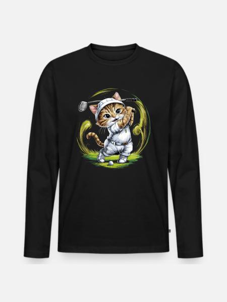 Niedliche Katze spielt Golf - Männer Premium Bio Langarmshirt - Schwarz
