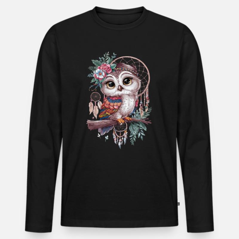 Eule Traumfänger Vogel Federn - Männer Premium Bio Langarmshirt - Schwarz