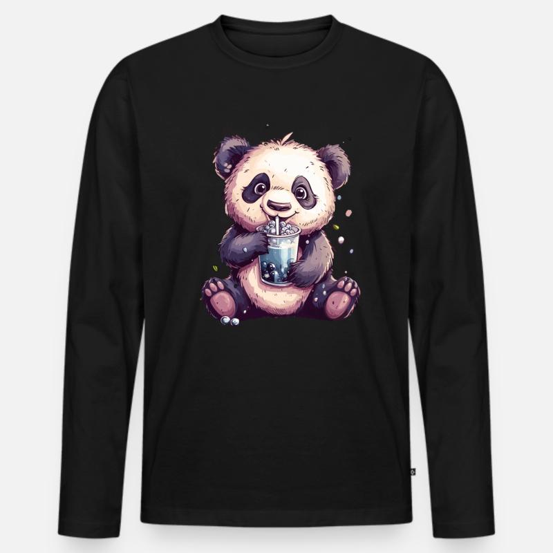 Niedlicher Panda mit Tee - Männer Premium Bio Langarmshirt - Schwarz