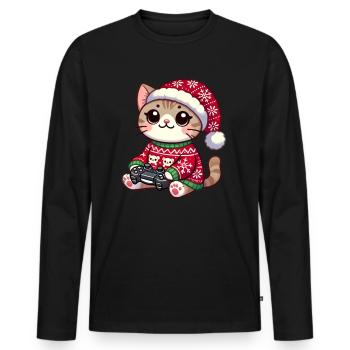 Noël Gamer Chat Jeux Vidéo Jeux - T-shirt manches longues Premium bio Homme - noir - Devant - Nico (187cm)