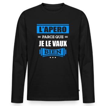 L'APÉRO PARCE QUE JE LE VAUX BIEN - T-shirt manches longues Premium bio Homme - noir - Devant - Nico (187cm)