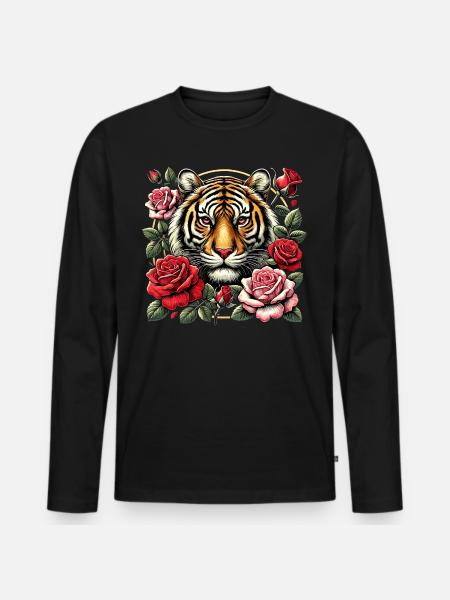 Tigre et roses - T-shirt manches longues Premium bio Homme - noir