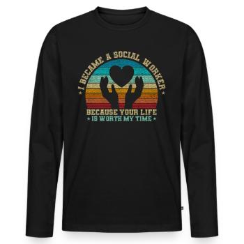 Parce que ta vie vaut mon temps Travailleur social - T-shirt manches longues Premium bio Homme - noir - Devant - Nico (187cm)