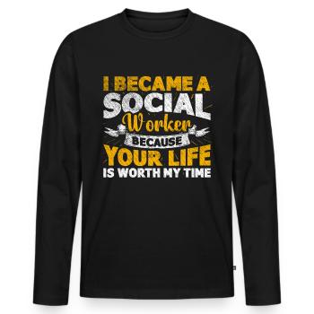 Parce que ta vie vaut mon temps Travailleur social - T-shirt manches longues Premium bio Homme - noir - Devant - Nico (187cm)
