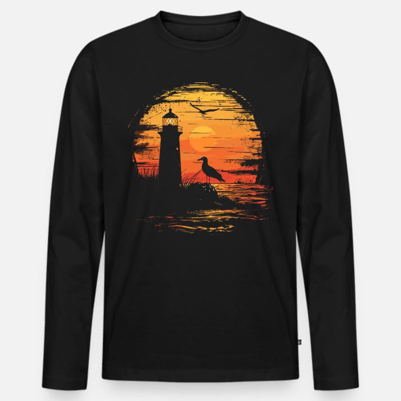 Möwe Seevogel Leuchtturm Sunset - Männer Premium Bio Langarmshirt - Schwarz