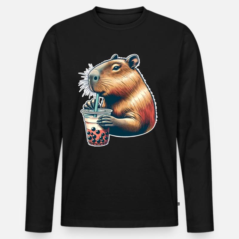 Capybara Bubble Tea - Männer Premium Bio Langarmshirt - Schwarz