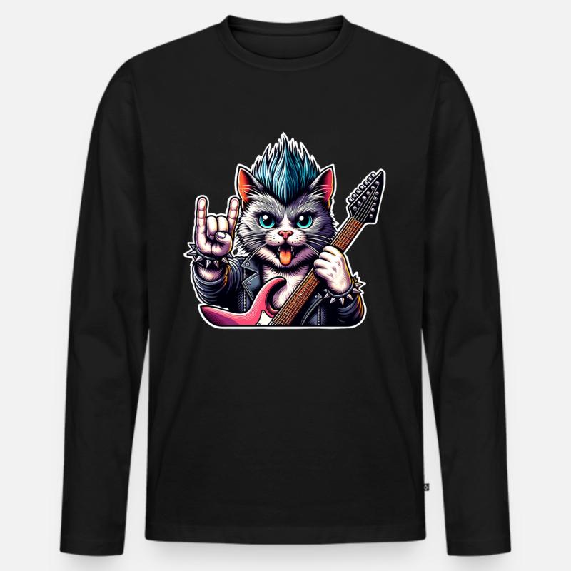 Katze Rock and Roll Gitarrist - Männer Premium Bio Langarmshirt - Schwarz