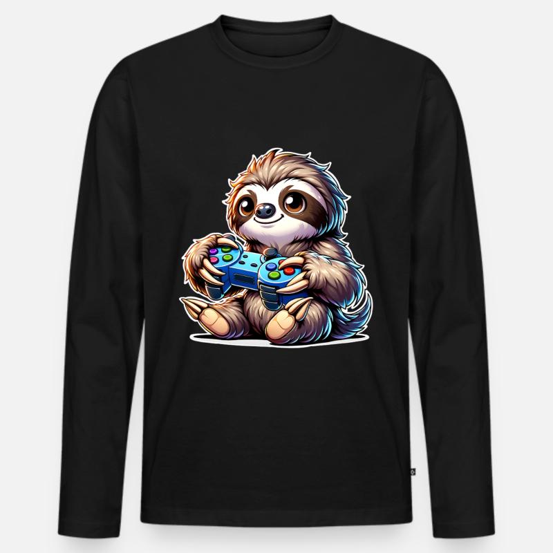 Faultier Gamer Gaming Nerd - Männer Premium Bio Langarmshirt - Schwarz