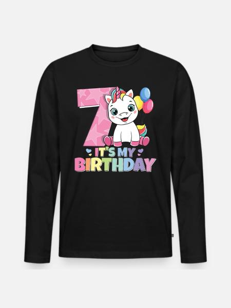 Rainbow Unicorn 7th Birthday Girl 7 år - Ekologisk långärmad premium-T-shirt herr - svart