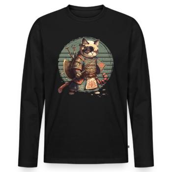 Chat Samouraï Kawaii Chat Ninja Japonais - T-shirt manches longues Premium bio Homme - noir - Devant - Nico (187cm)