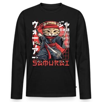 Samurai Cat Kawaii Japanese Ninja Cat - Men's Premium Organic Long Sleeve Shirt - black - Front - Nico (187cm)