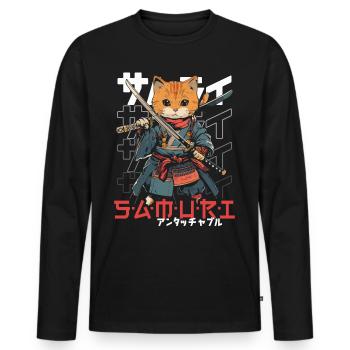 Chat Samouraï Chat Ninja Japonais Kawaii - T-shirt manches longues Premium bio Homme - noir - Devant - Nico (187cm)