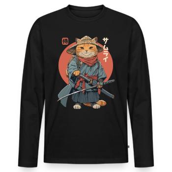 Chat Samouraï Chat Ninja Japonais Kawaii - T-shirt manches longues Premium bio Homme - noir - Devant - Nico (187cm)
