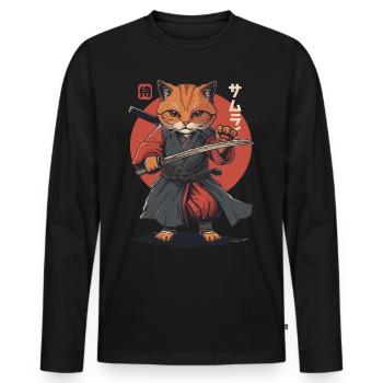 Samurai Cat Kawaii Japanische Ninja Katze - Männer Premium Bio Langarmshirt - Schwarz - Vorne - Nico (187cm)