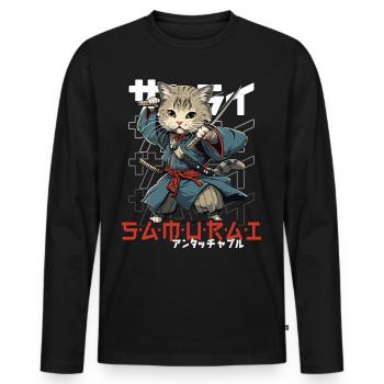 Samurai Cat Kawaii Japanische Ninja Katze - Männer Premium Bio Langarmshirt - Schwarz - Vorne - Nico (187cm)