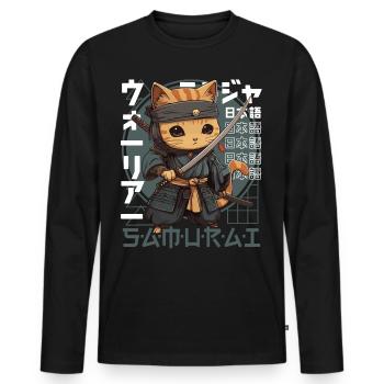 Chat Samouraï Chat Ninja Japonais Kawaii - T-shirt manches longues Premium bio Homme - noir - Devant - Nico (187cm)