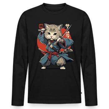 Chat Samouraï Chat Ninja Japonais Kawaii - T-shirt manches longues Premium bio Homme - noir - Devant - Nico (187cm)
